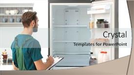  Presentation with refrigerator - Audience pleasing presentation consisting of appliance - male technician making notes backdrop and a light gray colored foreground