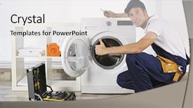  Presentation with plumber - Cool new slides with appliance - plumber repairing washing machine backdrop and a white colored foreground