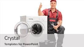  Presentation with machine - Beautiful PPT theme featuring appliance - worker repairing broken washing machine backdrop and a light gray colored foreground