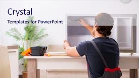  Presentation with fridge - Slide deck enhanced with appliance - young handsome contractor repairing fridge background and a sky blue colored foreground