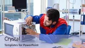  Presentation with young marines - Slides with appliance - young repairman fixing and repairing background and a light blue colored foreground