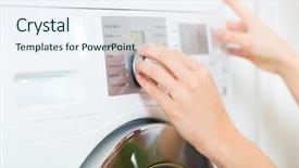  Presentation with laundry - Beautiful presentation theme featuring appliance - young woman or housekeeper has backdrop and a sky blue colored foreground