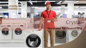  Presentation with machine shop - PPT layouts having appliance-sales-associate-leaning background and a  colored foreground