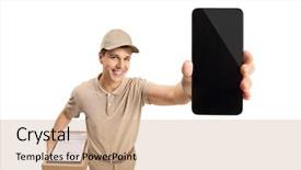  Presentation with phone - Slide set with application packaging - delivery man showing a phone background and a coral colored foreground