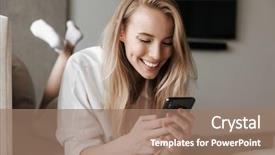  Presentation with mobile home - Slide deck featuring application software types - cheerful young woman dressed background and a  colored foreground