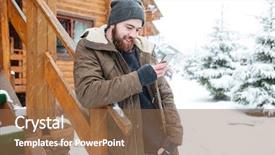  Presentation with software - Slide deck with application software types - happy bearded young man standing background and a tawny brown colored foreground