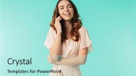  Presentation with mobile application - Colorful slide set enhanced with application software types - portrait of a satisfied young backdrop and a arctic colored foreground