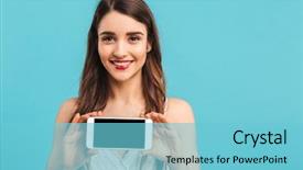  Presentation with mobile application - PPT theme enhanced with application software types - portrait of a smiling young background and a light blue colored foreground