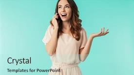  Presentation with mobile application - Cool new slide deck with application software types - portrait of an excited young backdrop and a arctic colored foreground