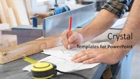  Presentation with measure and marking tools - Cool new presentation theme with applied materials - carpenter applying marking onto drawing backdrop and a coral colored foreground