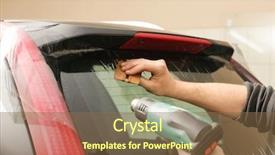  Presentation with worker - Audience pleasing slide deck consisting of applied materials - worker applying tinting foil onto backdrop and a tawny brown colored foreground