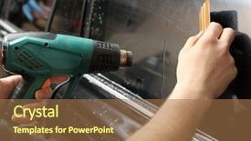  Presentation with worker - Beautiful PPT layouts featuring applied materials - worker applying tinting foil onto backdrop and a  colored foreground