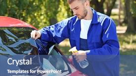  Presentation with landscape maintenance worker safety - Slides with applied materials - worker applying tinting foil onto background and a ocean colored foreground