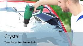  Presentation with worker - Colorful theme enhanced with applied materials - worker applying tinting foil onto backdrop and a  colored foreground