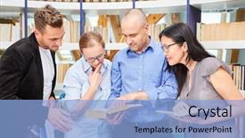  Presentation with thinking - Amazing presentation theme having applied research - group of people researching backdrop and a light blue colored foreground