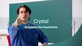  Presentation with light bulbs on chalkboard - Colorful slide set enhanced with applied research - young male teacher in front backdrop and a ocean colored foreground