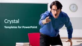  Presentation with black chalkboard chalk dust - Theme with applied research - young male teacher in front background and a ocean colored foreground