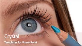  Presentation with blue earth eye - Beautiful PPT theme featuring applying blue make-up pencil backdrop and a coral colored foreground
