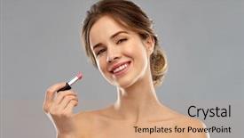  Presentation with beauty cosmetics - Amazing slide deck having smiling young woman applying pink backdrop and a coral colored foreground