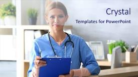  Presentation with receptionist - Audience pleasing PPT theme consisting of appointment - young female receptionist holding folder backdrop and a sky blue colored foreground