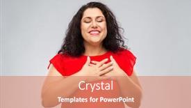  Presentation with emotions - PPT theme featuring appreciation love and sincere emotions concept - happy woman with closed eyes in red dress holding hands on chest or heart over grey background background and a coral colored foreground