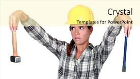  Presentation with chisel - Presentation theme featuring dentest - apprehensive tradeswoman holding a hammer background and a blonde colored foreground