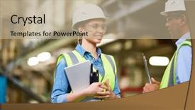  Presentation with factory - Slides with apprentice - technician inspecting a young trainee background and a coral colored foreground