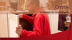  Presentation with apprentice - Colorful slide set enhanced with apprentice building furniture in carpentry workshop backdrop and a coral colored foreground