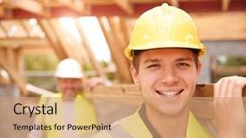  Presentation with apprentice - PPT layouts enhanced with apprentice carrying wood on construction background and a coral colored foreground