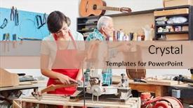  Presentation with new joining - Cool new presentation theme with guitar at carpenter's workshop backdrop and a coral colored foreground