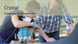  Presentation with apprentice - PPT theme having apprentice with adult in carpentry school working on wood background and a mint green colored foreground