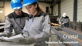  Presentation with steelwork - Audience pleasing PPT theme consisting of apprentice-working-in-steelwork-factory backdrop and a gray colored foreground
