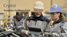  Presentation with apprentice - PPT layouts with apprentice-working-in-steelworks-plant background and a coral colored foreground