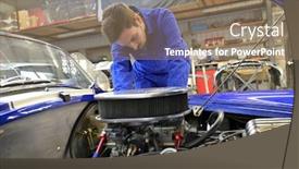  Presentation with apprentice - Audience pleasing theme consisting of apprentice-working-on-car-engine backdrop and a coral colored foreground