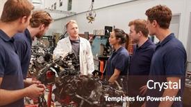  Presentation with engine - Colorful PPT theme enhanced with apprentices studying car engines backdrop and a tawny brown colored foreground