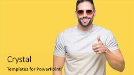  Presentation with success - PPT theme with approval - young handsome man wearing sunglasses background and a yellow colored foreground