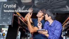  Presentation with digital car - Theme having apps maintenance - mechanics discussing over digital tablet background and a  colored foreground