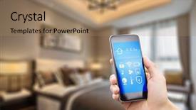  Presentation with smart phone apps - Beautiful PPT theme featuring apps on smart home backdrop and a coral colored foreground