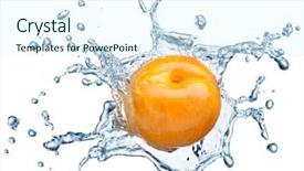  Presentation with water splash - Colorful slide deck enhanced with apricot in spray of water juicy peach with splash on white background backdrop and a sky blue colored foreground