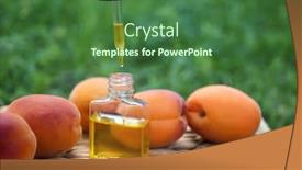  Presentation with green glass - Colorful theme enhanced with apricot kernel oil falling from glass dropper on green blurred background backdrop and a forest green colored foreground