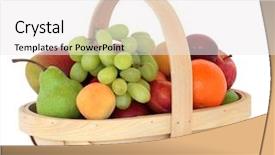  Presentation with apple pear - Audience pleasing presentation theme consisting of apricot mango plum nectarine pear grape orange and apple fruit in a rustic wooden basket over white background backdrop and a sky blue colored foreground