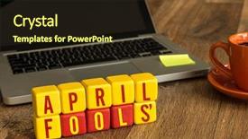  Presentation with old wooden table food - Audience pleasing theme consisting of april fools' written backdrop and a wine colored foreground