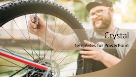  Presentation with mechanic - PPT theme featuring apron adjusts bike spokes background and a coral colored foreground