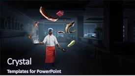  Presentation with man wear black suit - Audience pleasing PPT theme consisting of apron and cooking in action backdrop and a wine colored foreground