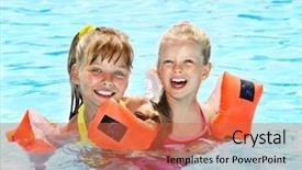  Presentation with aqua - Slide deck consisting of aqua orange - children with armbands in swimming background and a red colored foreground