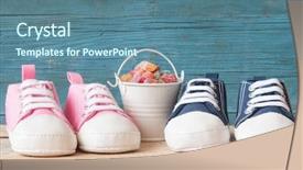  Presentation with baby shoes - PPT theme having aquamarine - baby shoes and colorful candy background and a ocean colored foreground