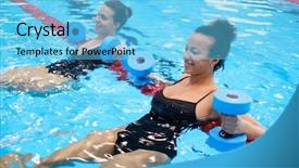  Presentation with exercise class - Slide deck consisting of aquatic exercise - multiracial couple attending water aerobics background and a light blue colored foreground