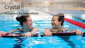  Presentation with swimming pool - Theme having aquatic exercise - multiracial couple attending water aerobics background and a soft green colored foreground