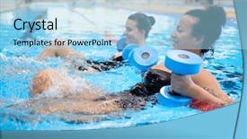  Presentation with exercise class - Slide deck featuring aquatic exercise - multiracial couple attending water aerobics background and a light blue colored foreground