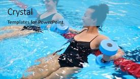  Presentation with aerobics - Amazing PPT theme having aquatic exercise - multiracial couple attending water aerobics backdrop and a light blue colored foreground